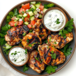 Grilled Chicken Thighs served with Greek Yogurt and a mediterranean Salad on the Side