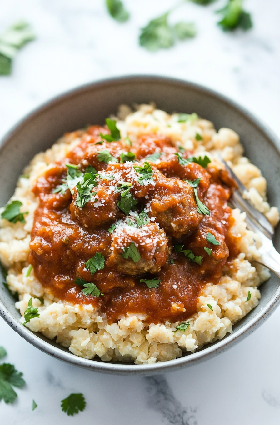 Beef Meatballs with Tomato Sauce and Cauliflower Rice