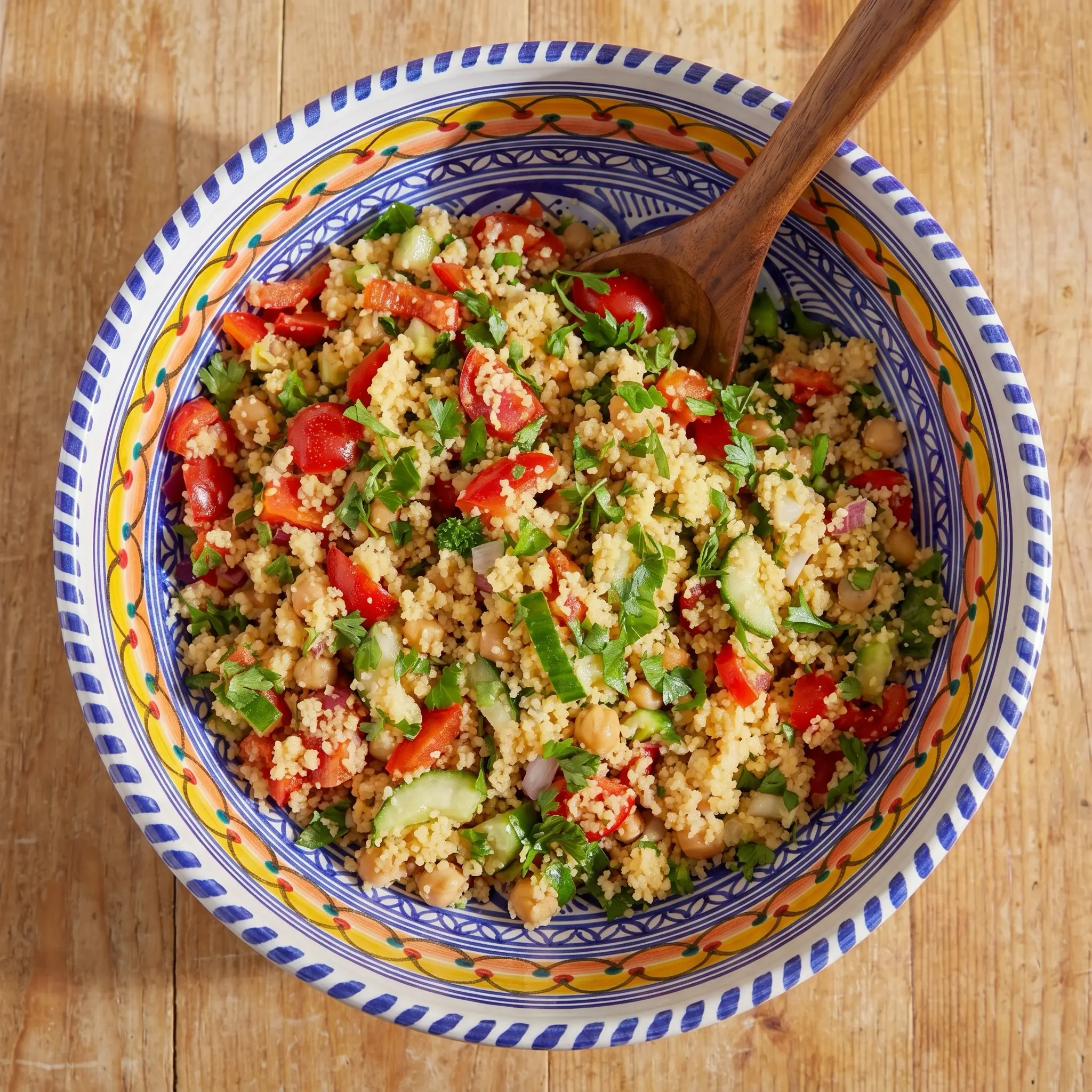 Couscous Salat Rezept Zutaten - frisches Gemüse, Kichererbsen und Minze bereit zur Zubereitung