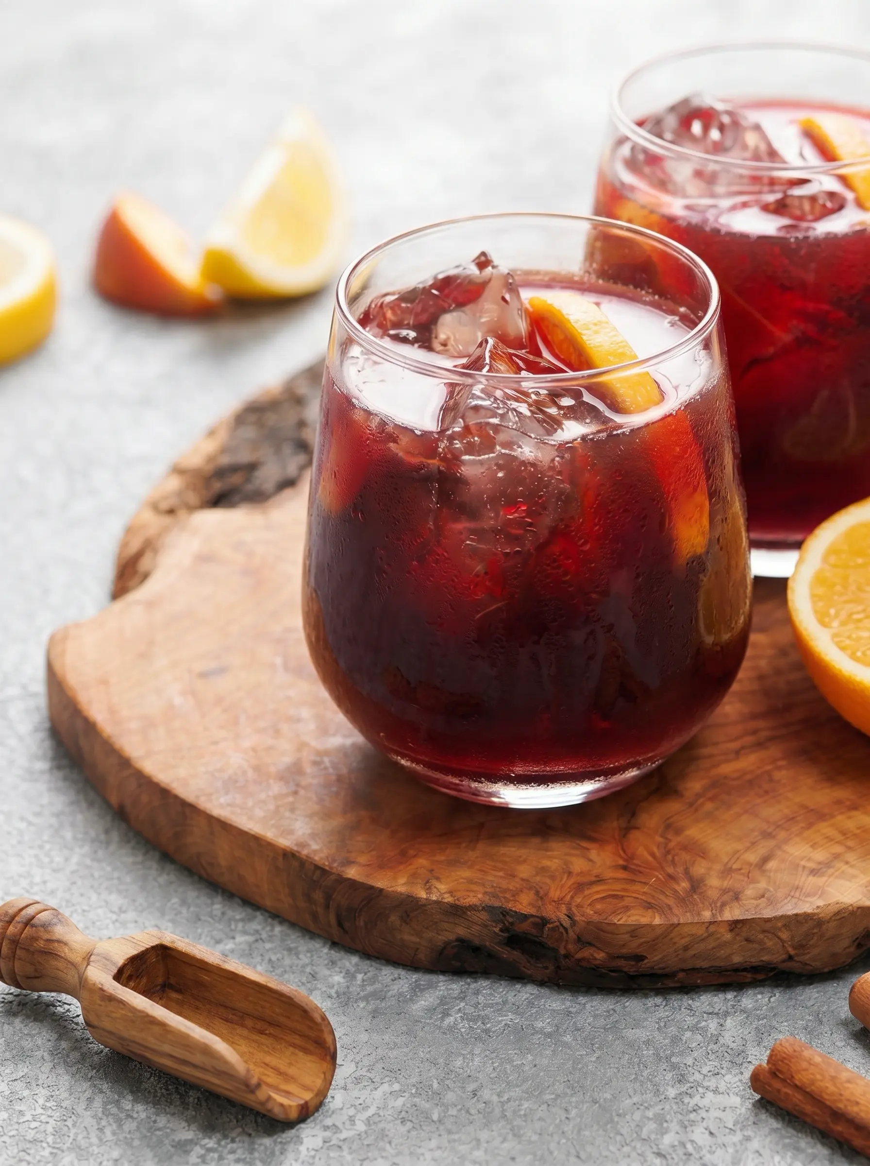 Zutaten um Sangria selber machen zu können: Rotwein, Orangen, Zitrone, Pfirsich und Zimtstange